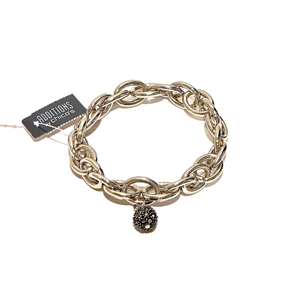 CHICO’s | Silver Large Round Link Bracelet with Pave Ball Charm | NWT | Classic - Picture 3 of 8